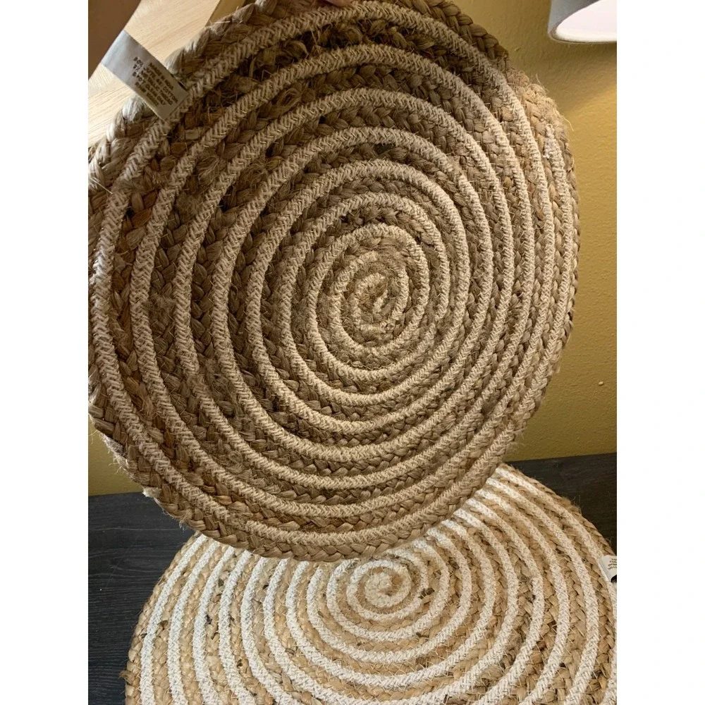 Domain Jute Cotton Placemats Set of 4 Round Spiral Braided Metallic Gold Natural